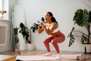 Woman doing squats during home workout session